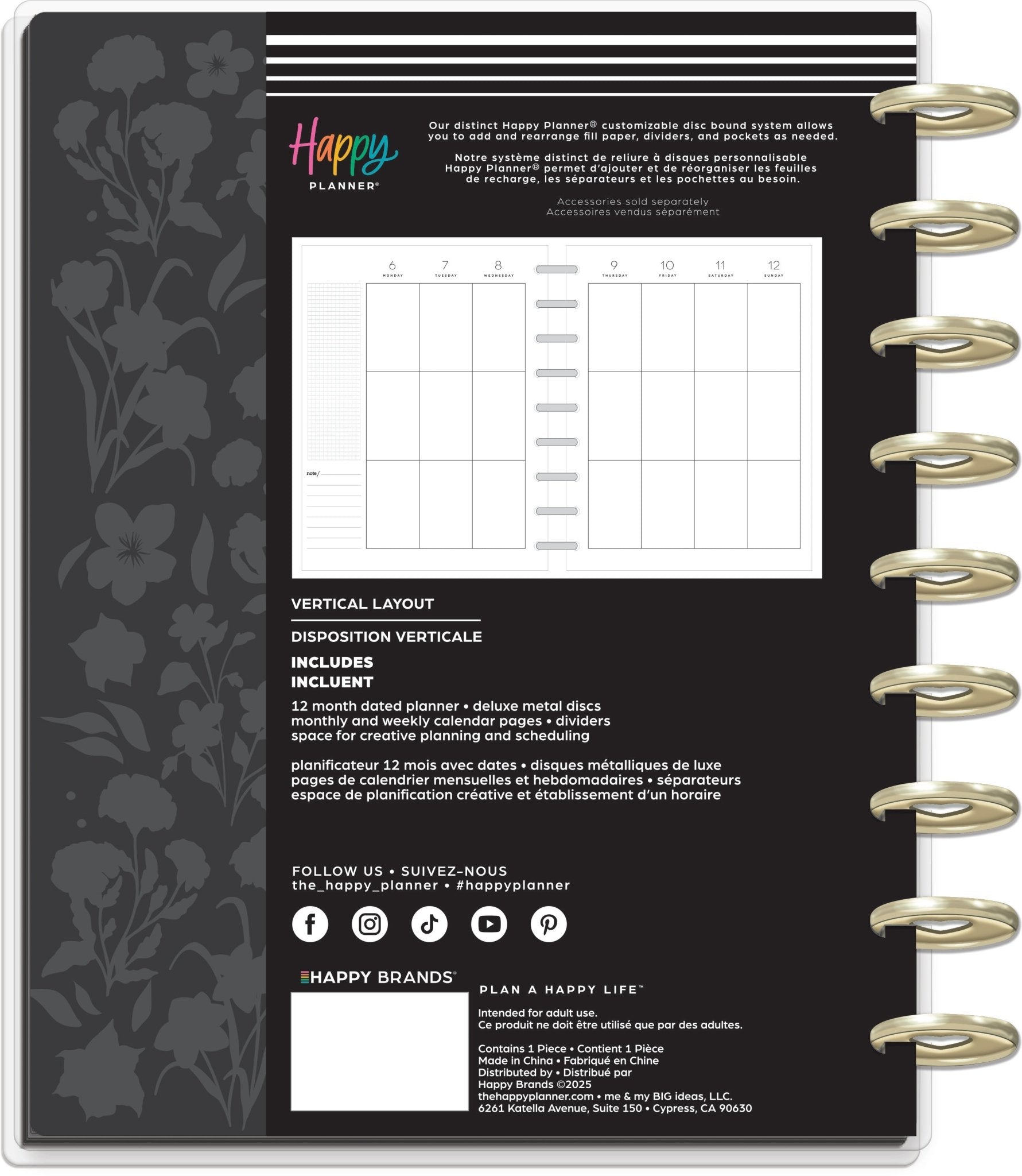 Dark Garden Happy Planner Classic Deluxe 12 Meses Fechado 2026 – Vertical - Bera Papier