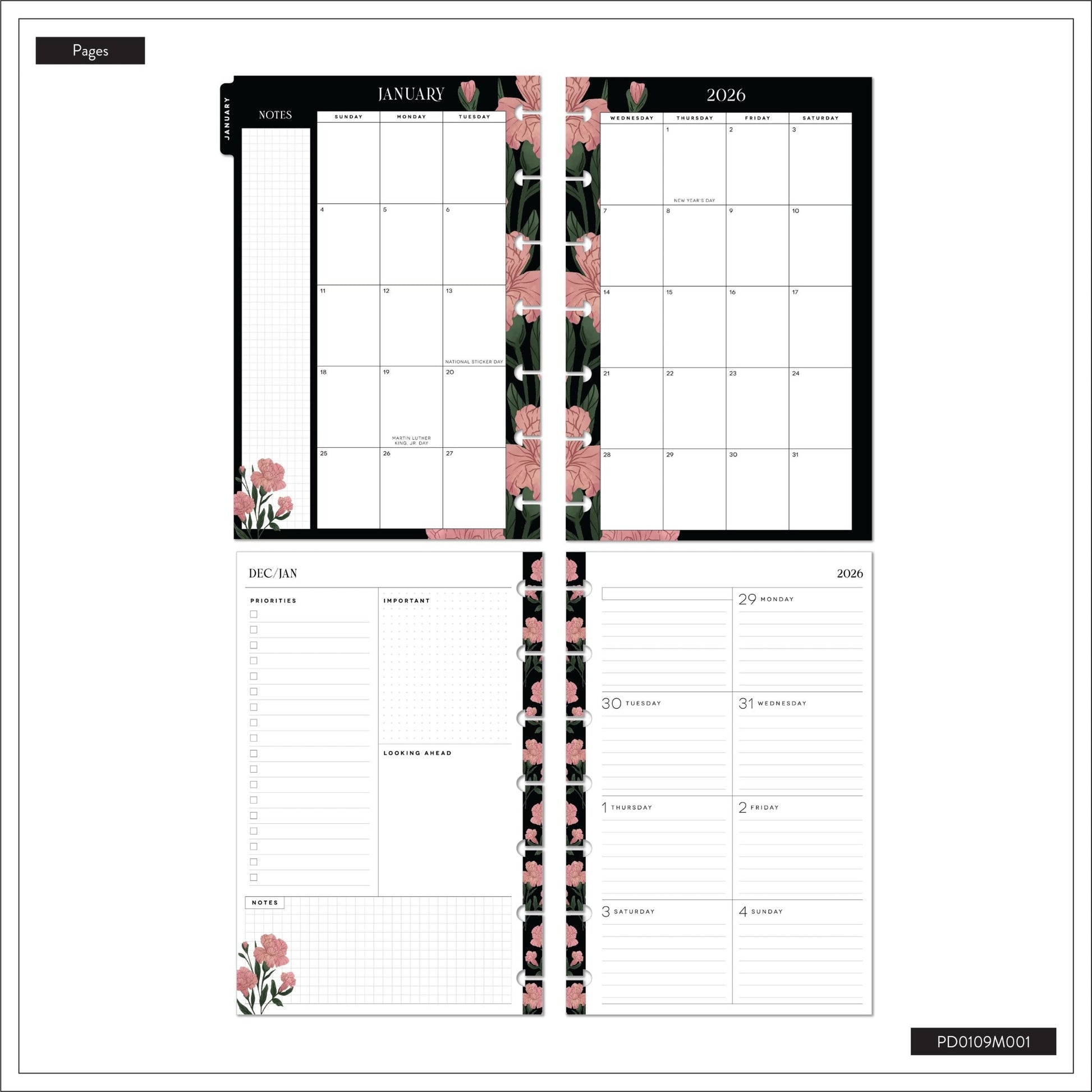 Dark Garden Happy Planner Mini 12 Meses Fechado 2026 – Dashboard - Bera Papier